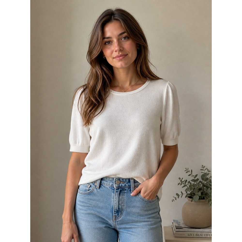 Vince Camuto Ivory‎ White Puff Short Sleeve Keyhole Back Knit Sweater Top Large